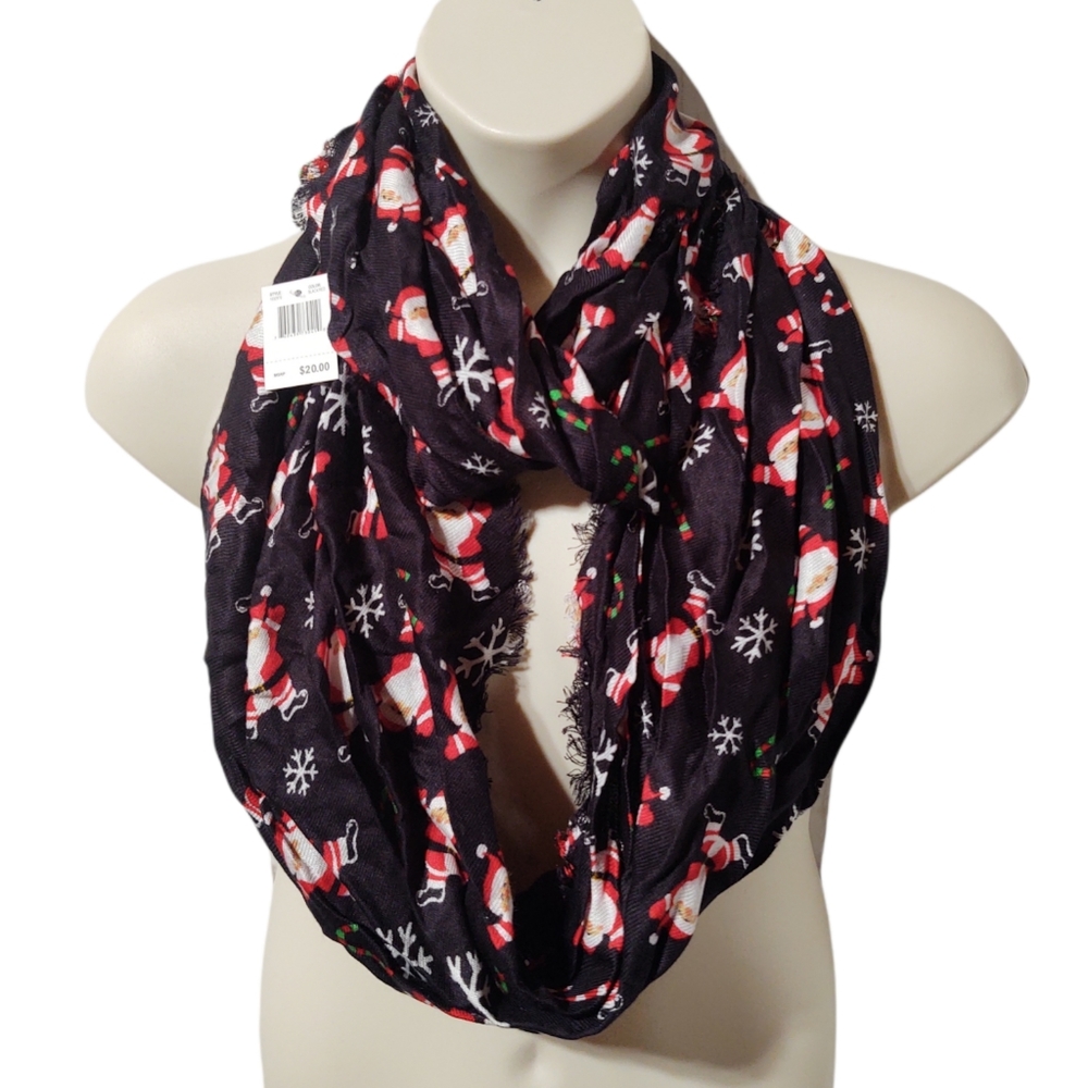 NWT Christmas Santa Claus Snowflake Black Fringe Infinity Loop Scarf